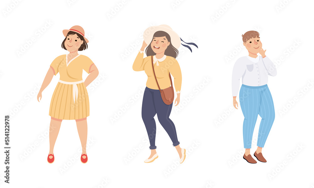 Poster Plus Size Man and Woman Standing and Smiling Accepting Their Physical Body Vector Set