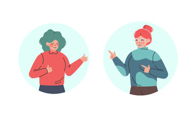 Happy Female Showing Thumb Up and Smiling as Positive Hand Gesture in Circular Frame Vector Set