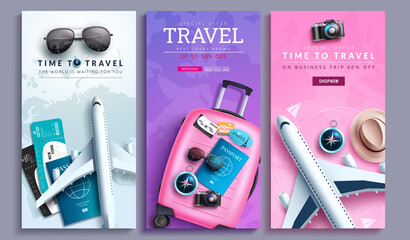 Travel promo vector poster set design. Time to travel text collection with special business trip offer for travelling price discount sale. Vector illustration.
 - obrazy, fototapety, plakaty