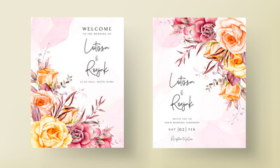 wedding invitation card template with beautiful warm colored flower floral