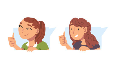 Female as Social Media Follower and Subscriber Showing Adoration with Thumb Up Vector Set