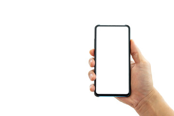 Man hand holding black smartphone isolated on white background, copy space for text.