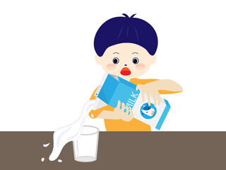 牛乳をコップに注ごうとしてこぼす子ども