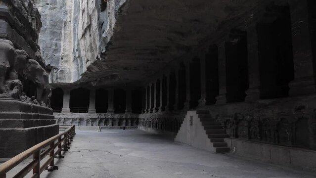 View of path under the rock inside the ellora caves in India