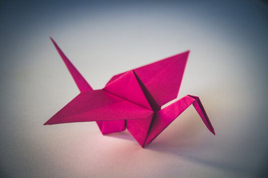 Pink paper crane origami isolated on blank background