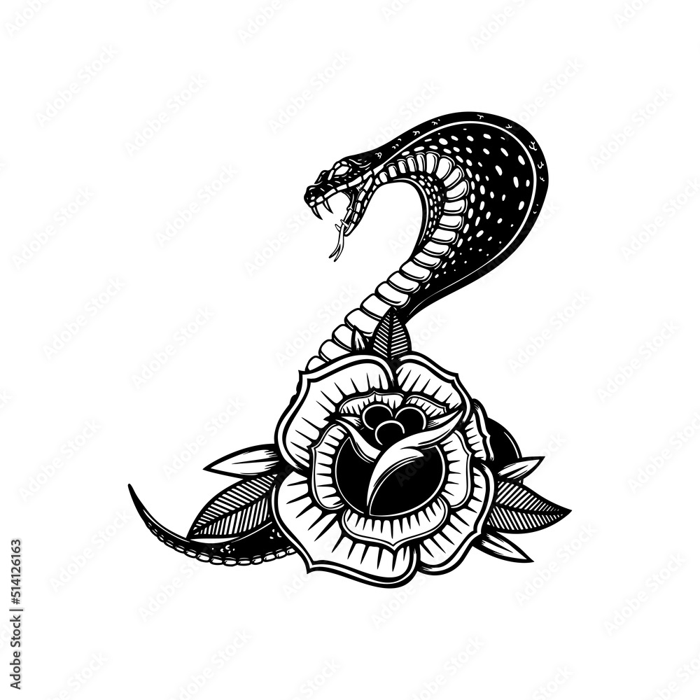 Wall mural snake on the background with roses. design element for poster, t shirt, card, banner. vector illustr