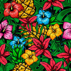 Seamless pattern with tropical flowers, palm leaves, monstera leaves. Vector illustration.
