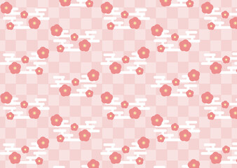 梅と市松模様のピンクの背景