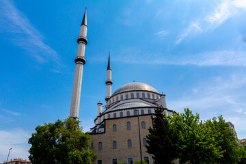 Airplane flying over Mosque Istanbul, Turkey.