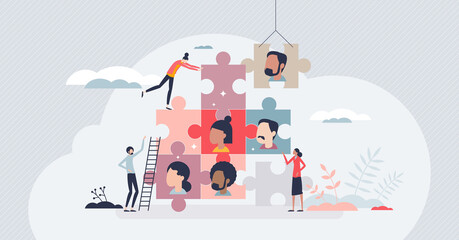 Human management and HR resources for business team tiny person concept. Employee organization and company staff effective usage vector illustration. Personnel recruitment and teamwork development. - obrazy, fototapety, plakaty