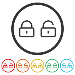 Locked and unlocked padlock icons in color circle buttons