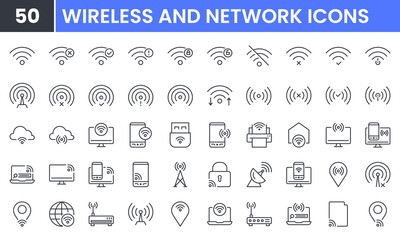 Wireless and Network vector line icon set. Contains linear outline icons like Connection, Signal, Internet, Phone, Radio, Computer, Wifi, Communication, Antenna. Editable use and stroke. - obrazy, fototapety, plakaty