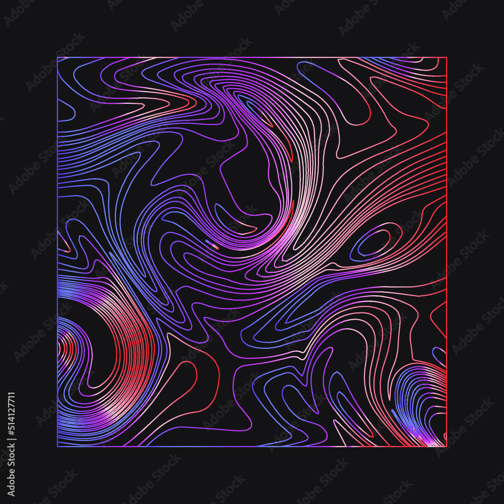 Poster surreal trippy abstract background with thin holographic flowing lines on a dark background.