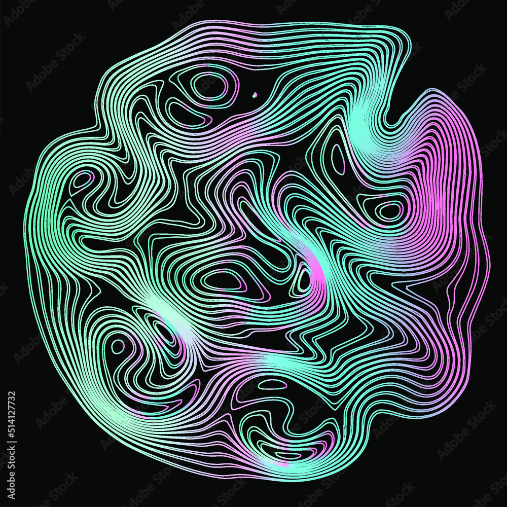 Poster surreal trippy abstract background with thin holographic flowing lines on a dark background.