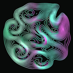 Surreal trippy abstract background with thin holographic flowing lines on a dark background.