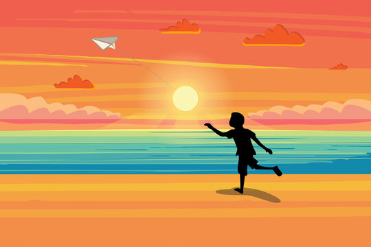 Silhouette of child playing with paper airplane in the sunset. Vector illustration