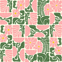 Abstract geometric floral seamless pattern. Matisse art inspired botanical background. Modern flat vector illustration with stylized flowers. Mid century print for wallpaper, fabric, package, paper © Evgeniya Khudyakova