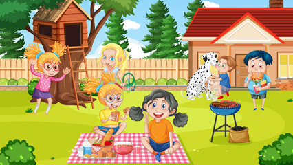 Obraz na płótnie Canvas Children doing activities at backyard