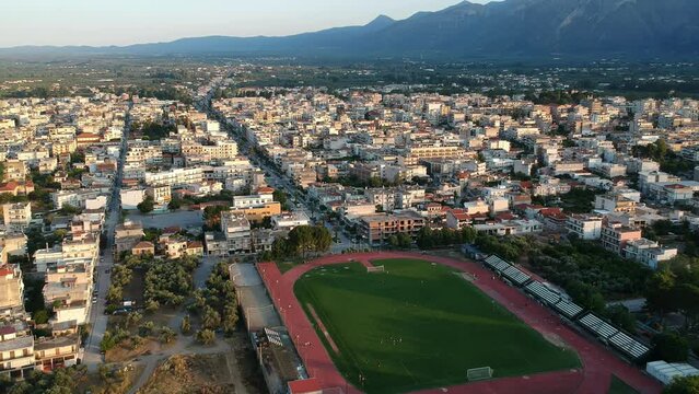 Aerial video city of Sparti city Greece. Sparti was founded to commemorate the famous ancient town of Sparta in Laconia, Greece
