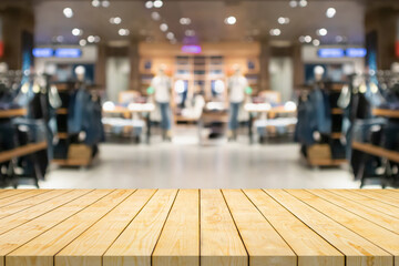 Empty wood table top with blur clothing boutique display interior shopping mall background