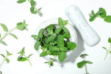 Concept of aromatherapy with mint, top view