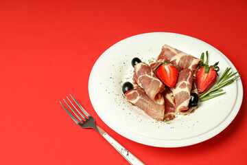 Concept of delicious Spanish cuisine - jamon, space for text