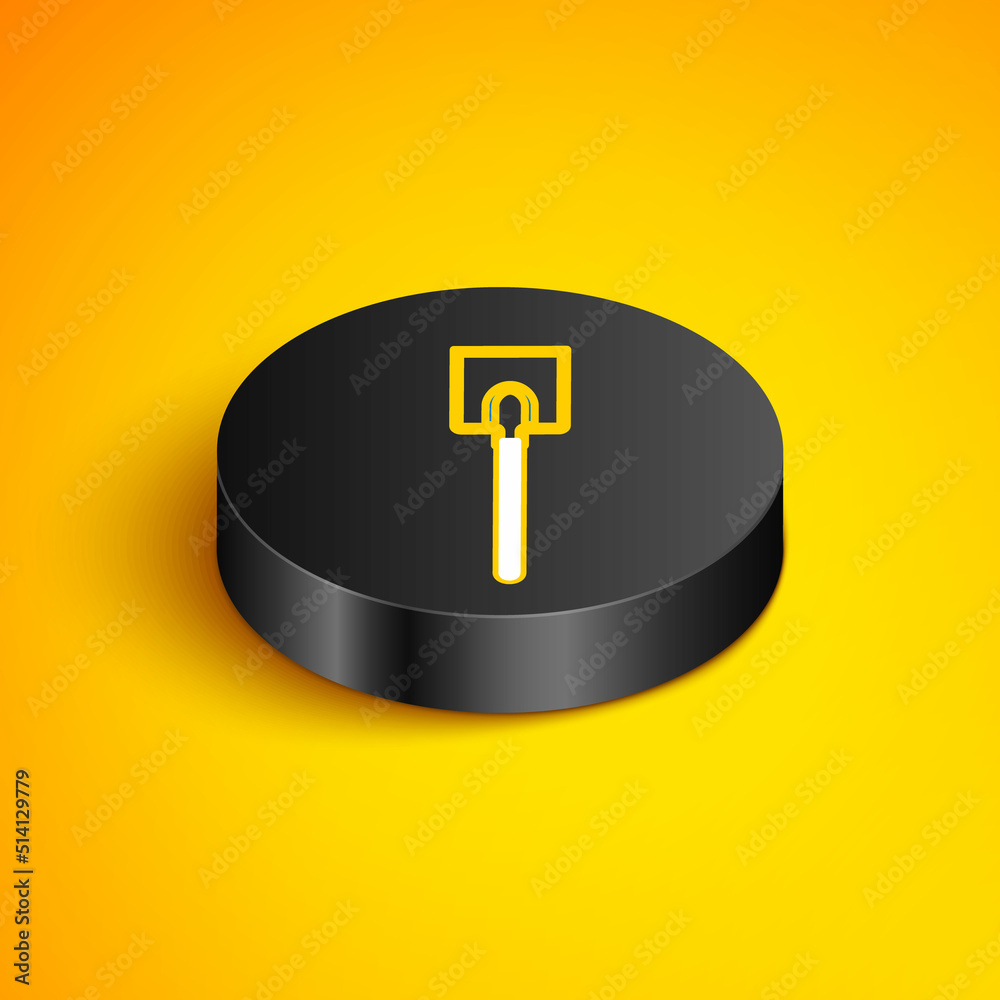 Wall mural Isometric line Garden shovel icon isolated on yellow background. Gardening tool. Tool for horticulture, agriculture, farming. Black circle button. Vector