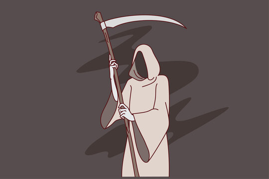 recommend clip art: Grim reaper with scythe wearing robe representing death. Mythology concept. Flat vector illustration. 