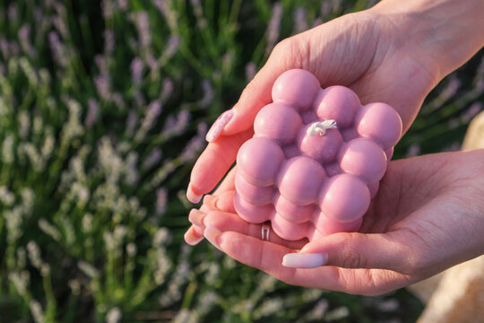 Women's hands hold a lavender bubble candle against the backdrop of a lavender field.