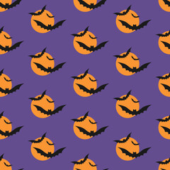 Black bats upon moon. Halloween seamless pattern in black, orange and violet colors. Minimalist trendy contemporary design. Best for textile, print, wrapping paper, package and festive decoration.