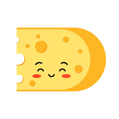 Fototapeta premium Cute smile cheese character with hole slices isolated on white background. Flat design cartoon style kawaii piece of yellow cheese illustration. Happy organic milk food mascot vector emoji.