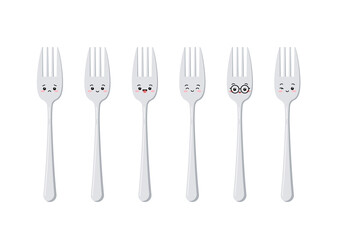 Cute silver fork character cartoon icon set isolated on white background. Dining cutlery flat design element - chrome fork emoji. Top view silver tableware. Vector kitchenware illustration.