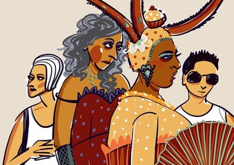 People at the carnival. Women in carnival costumes. Pride Parade. Lady with a fan in the foreground. Dressed up people and people in ordinary clothes. Costume party. Digital illustration. Sketch style