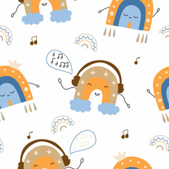 Seamless pattern with musical rainbows. Vector illustration isolated on white background for textile decoration, poster, decor.
