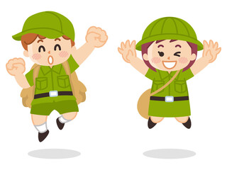 ジャンプする探検隊の子供　ボーイスカウト　冒険　アウトドア