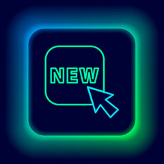 Glowing neon line Button with an inscription New icon isolated on black background. Badge for price. Promo tag discount. Colorful outline concept. Vector