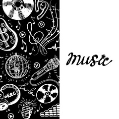 Banner template with elements of music, hand-drawn doodles in sketch style. Guitar or ukulele. Headphones, microphones, violin key with sheet music and recording icons. Music lettering, hand-drawn.