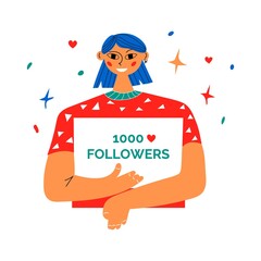 Smiling people celebrate large number of followers on social media.  successful strategies. Blogging concept, influencer marketing, network promotion, SMM banner, landing page,flyer.