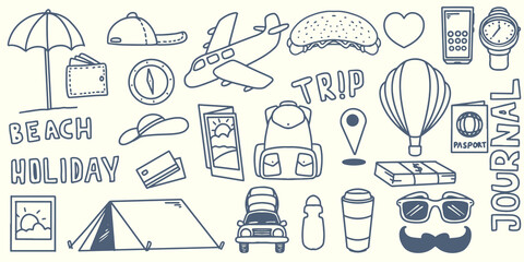 Naklejka premium Hand drawing doodle travel elements trip to outdoor journey with tourist equipment go to beach camping