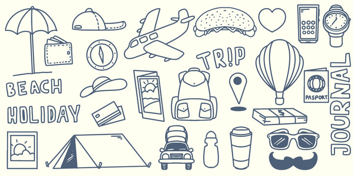 Hand drawing doodle travel elements trip to outdoor journey with tourist equipment go to beach camping