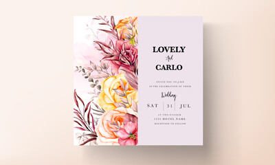 Frames of watercolor red  flowers and leaves on wedding invitation