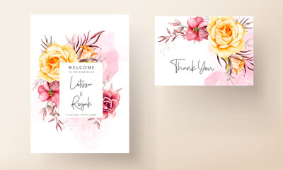 Frames of watercolor red  flowers and leaves on wedding invitation