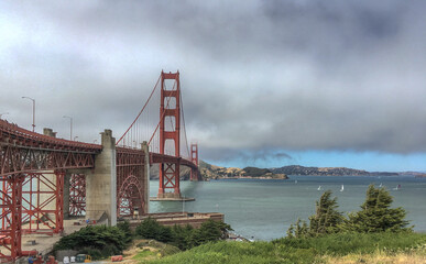 Symbol landmark suspension Golden Gate Bridge in San Francisco Bay with beautiful scenic landscape...