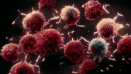 T-Cells fighting viruses in Blood Stream, Immunotherapy concept, T-Cell attacking virus 3d rendering - obrazy, fototapety, plakaty