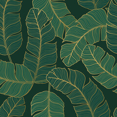 Luxury Seamless pattern with gold and green tropic leaves. Vector illustration. Summer background