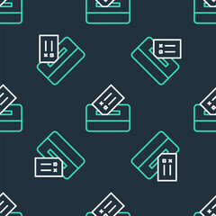 Line Vote box or ballot box with envelope icon isolated seamless pattern on black background. Vector