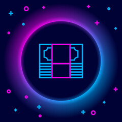 Glowing neon line Stacks paper money cash icon isolated on black background. Money banknotes stacks. Bill currency. Colorful outline concept. Vector