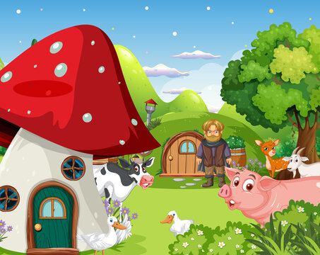 Fantasy cartoon scene with farm animals