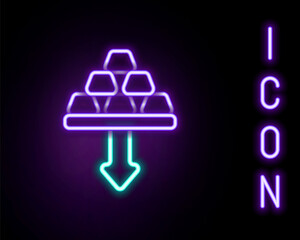 Glowing neon line Gold bars icon isolated on black background. Falling of precious metals. Banking business concept. Colorful outline concept. Vector