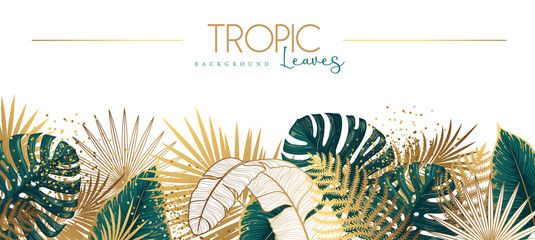 Summer floral background with green and golden tropic leaves on white background. Vector illustration - obrazy, fototapety, plakaty